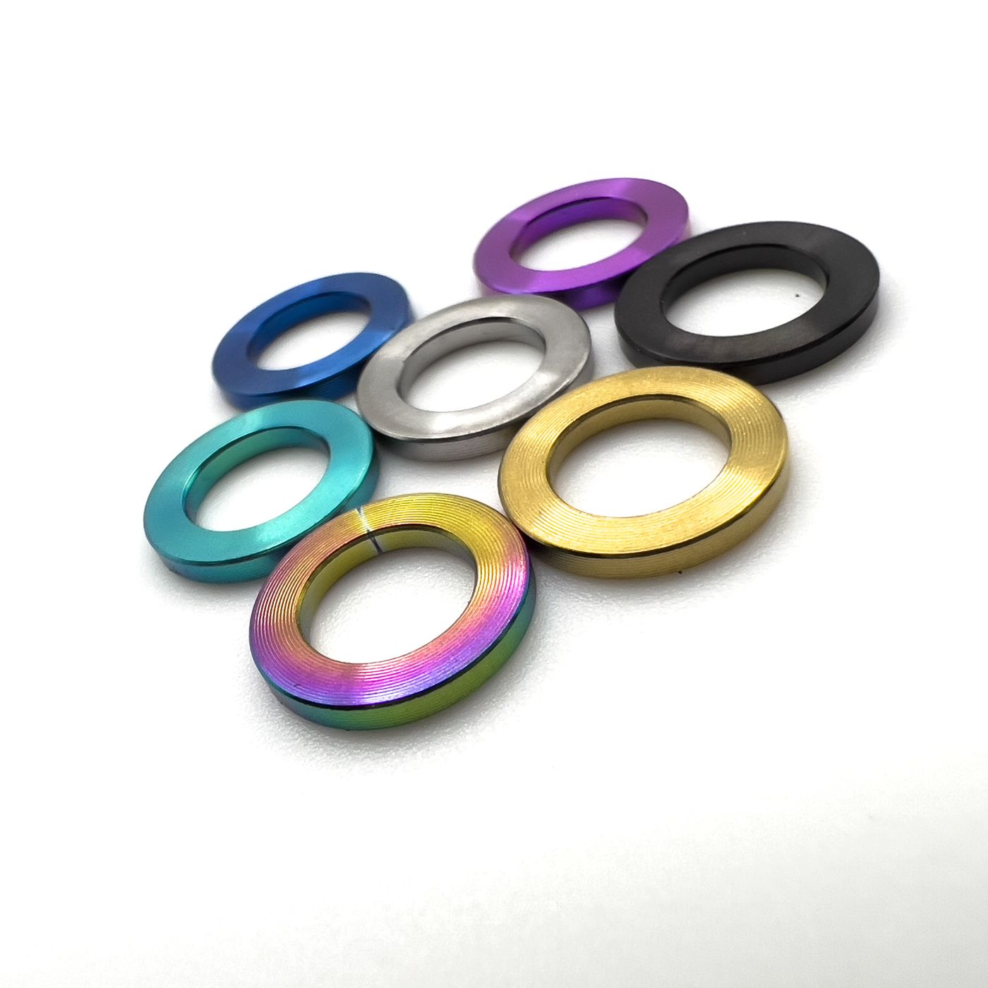 Anodized titanium washers in seven colors